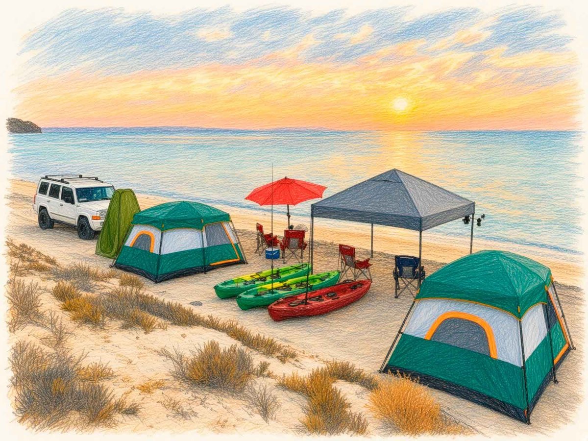 Campamento en la playa con SUV blanco, casas de campaña verdes, sombrilla roja, canopy y kayaks al atardecer – Experiencias de campismo y glamping con Baja Camp