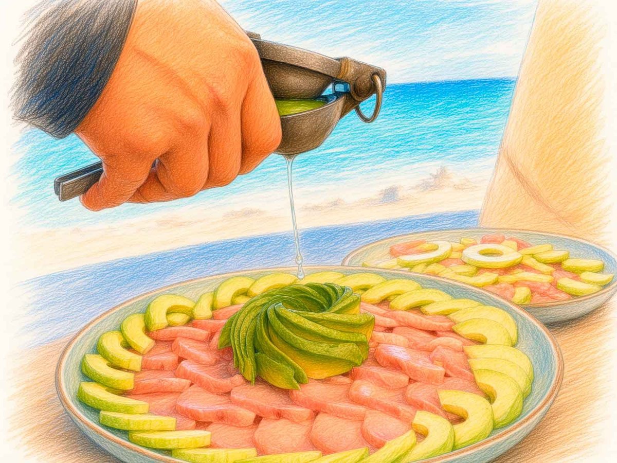 Mano exprimiendo limón sobre sashimi de pescado recién preparado, con playa y mar al fondo