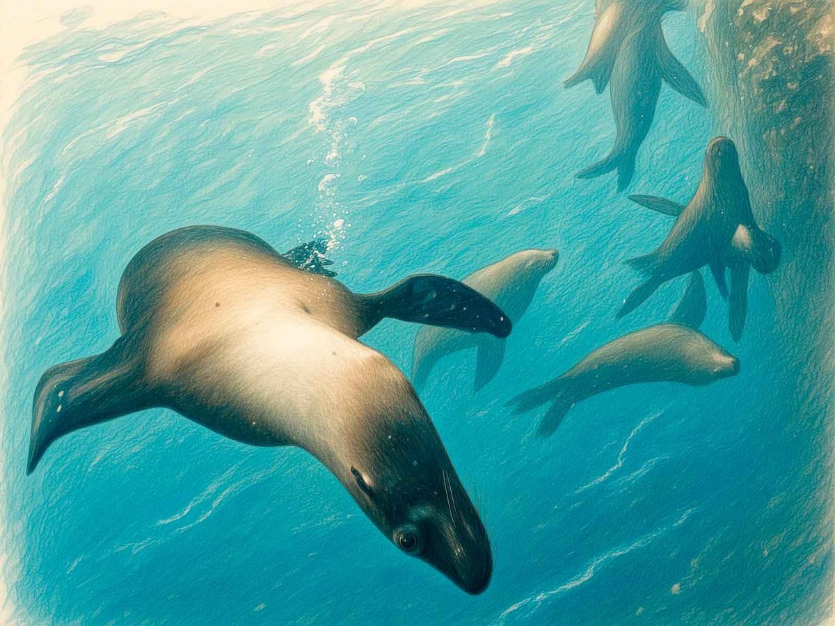 Lobos marinos nadando bajo el agua turquesa, vistos desde arriba con varios mamíferos marinos visibles
