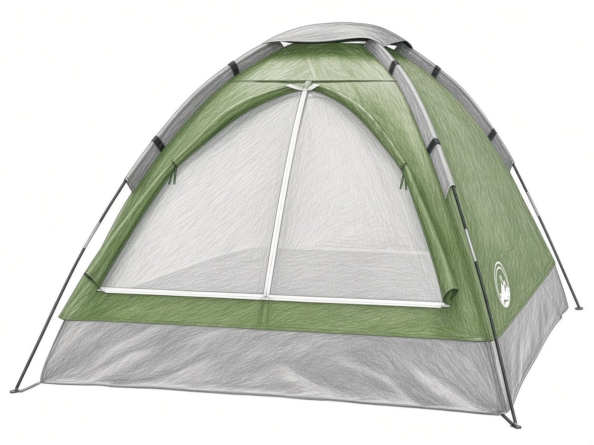 Casa de campaña tipo domo color verde con ventanas de malla y estructura de aluminio, modelo de 2 personas disponible en renta en La Paz