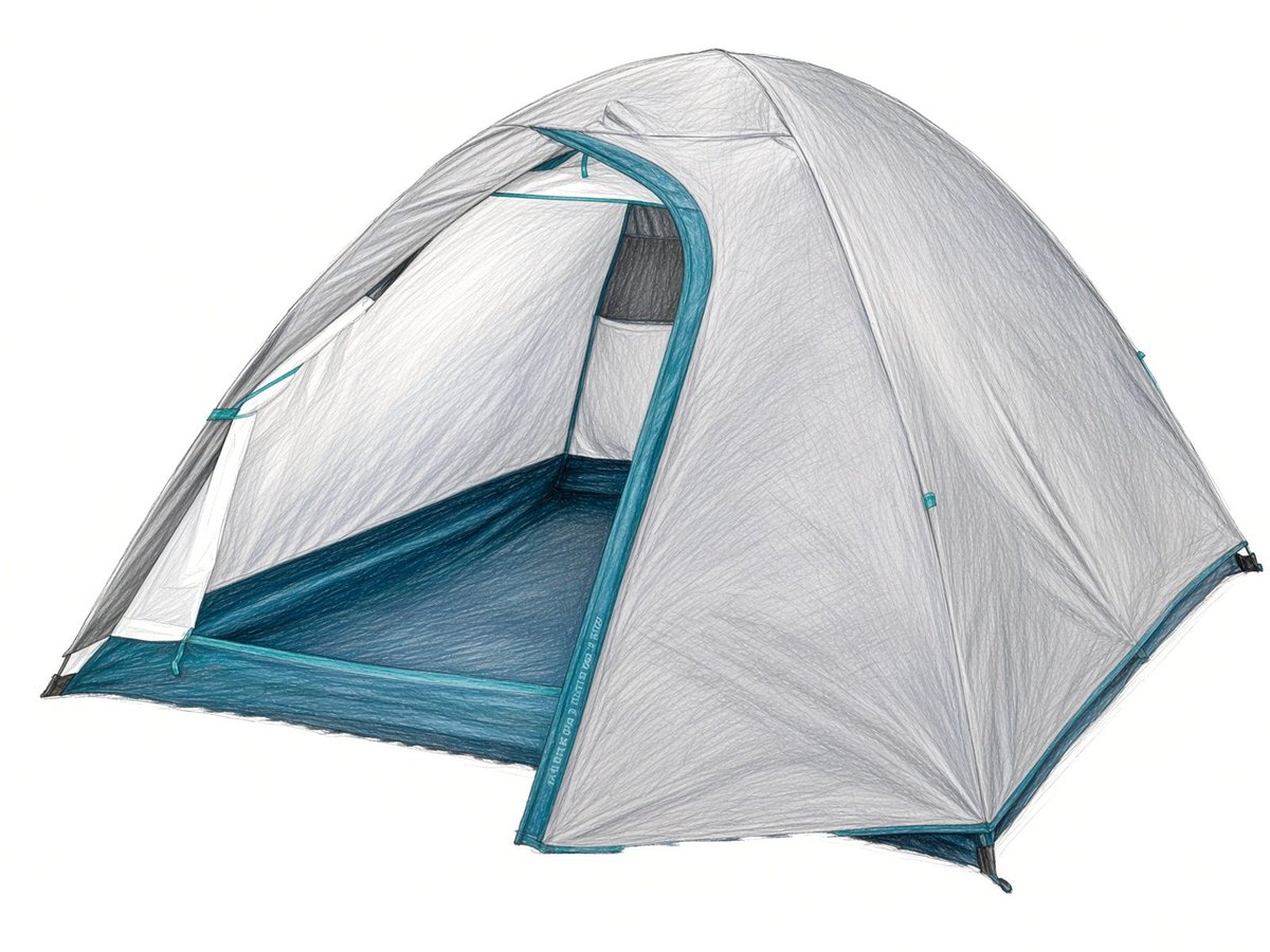 Casa de campaña tipo domo color gris con detalles turquesa, entrada abierta y piso azul, modelo espacioso de 3 personas disponible en renta en La Paz