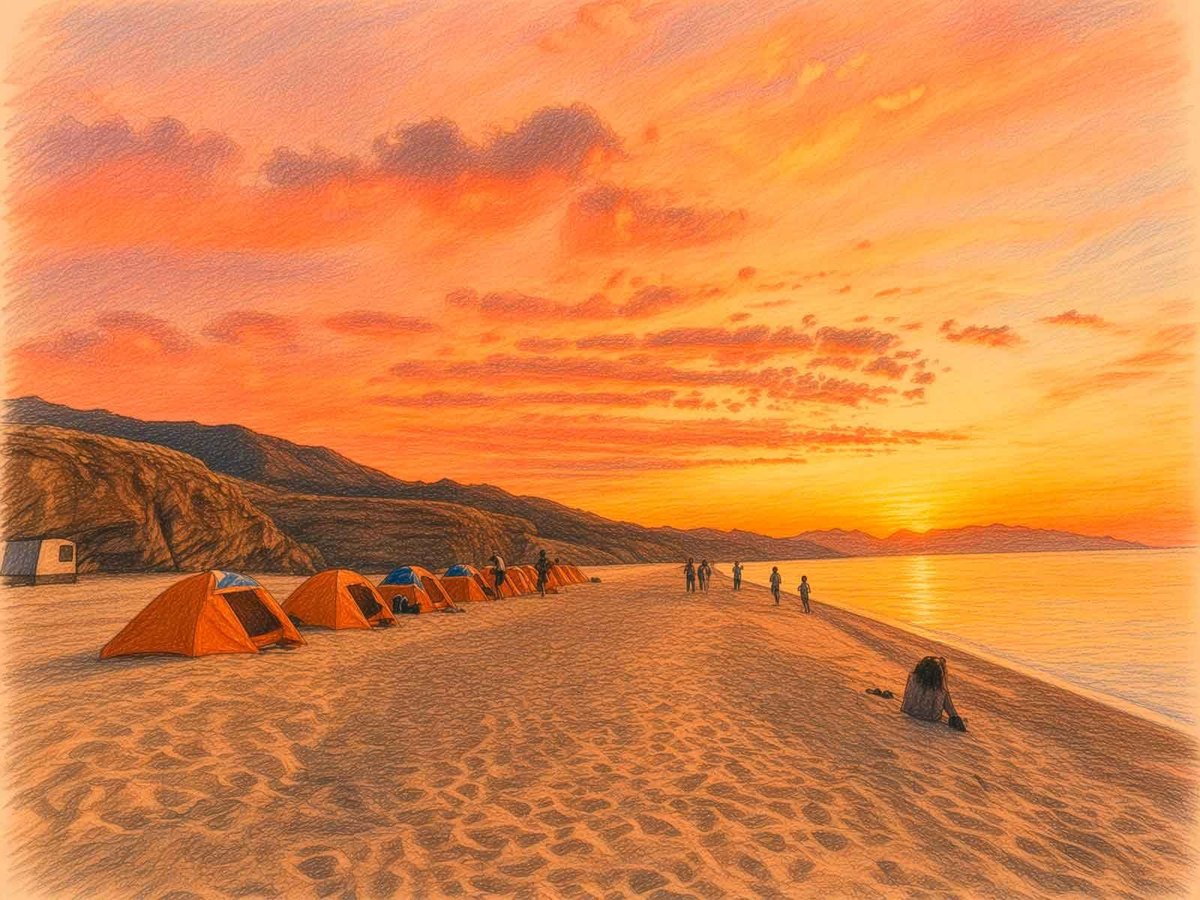 Campamento en la playa con casas de campaña naranjas al atardecer frente al mar en Baja California Sur