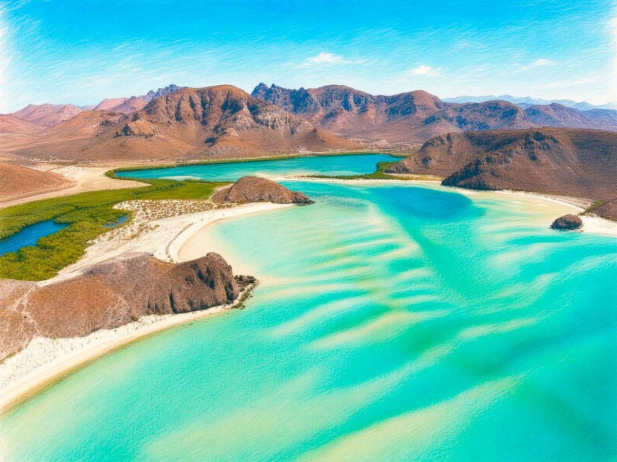 Vista aérea de lagunas turquesas con playas de arena blanca, islotes rocosos y montañas áridas en un paisaje desértico remoto