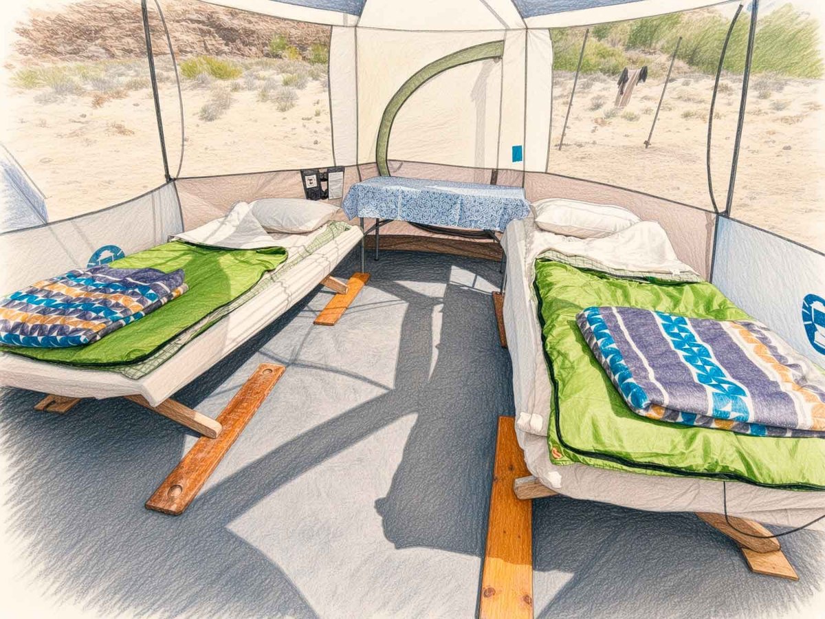 Interior de tienda de campaña con dos camas, ropa de cama verde y frazadas azules, vista al exterior con dunas