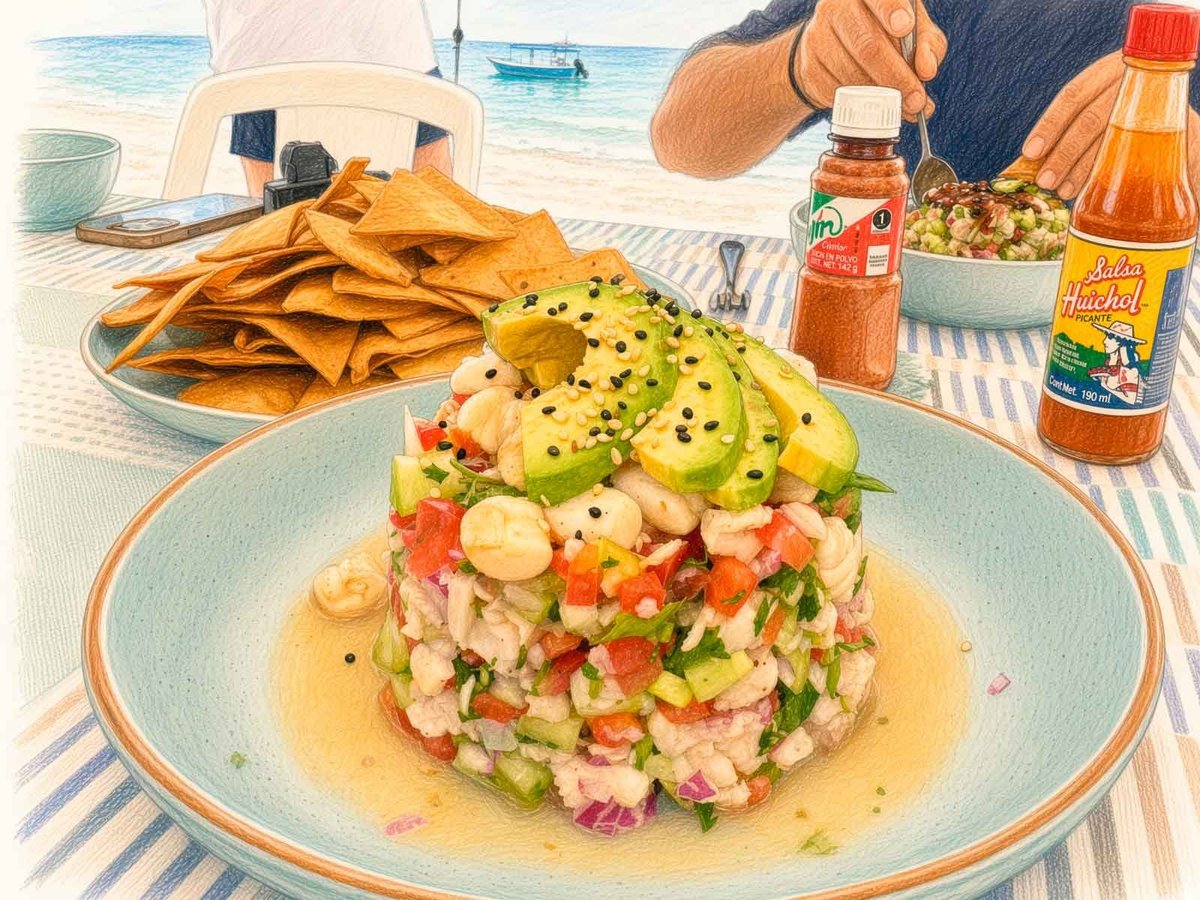Tostada de ceviche emplatada con aguacate y totopos sobre una mesa playera con vista al mar