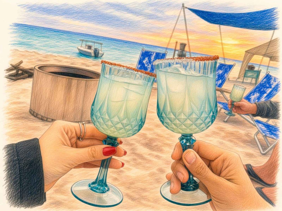 Dos manos brindando con copas turquesa en la playa al atardecer, con fogata, lanchas y sombrillas playeras al fondo