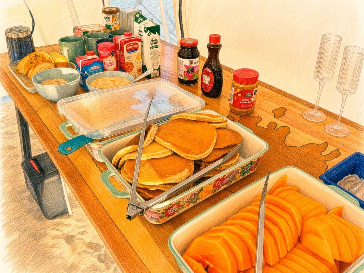 Mesa con hotcakes recién hechos, rodajas de papaya, café y utensilios, preparada en el interior de la tienda del campamento