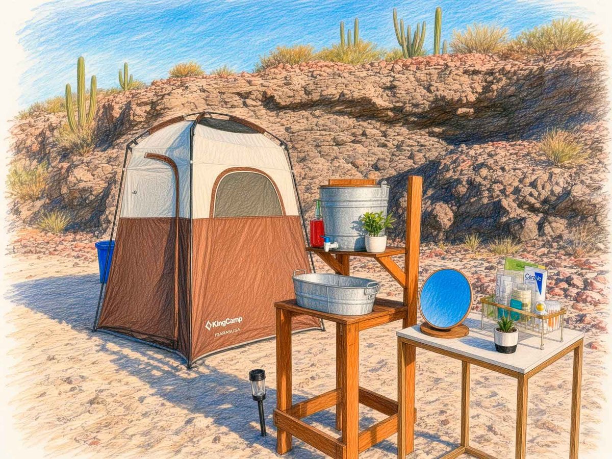 Instalación de campamento rústico integrada al paisaje desértico con cactus y colinas rocosas