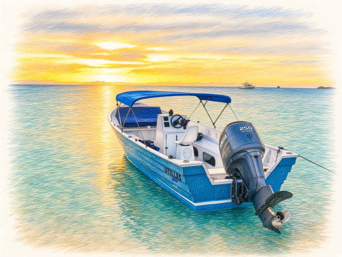 Lancha blanca con toldo azul anclada en agua turquesa al atardecer, con velero a lo lejos en el horizonte